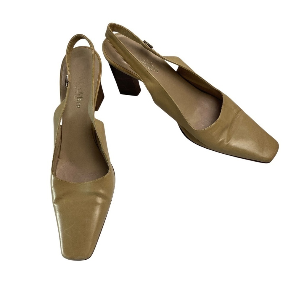 MAX MARA - Slingback Leather Sandals Block Heel Beige Size 38.5